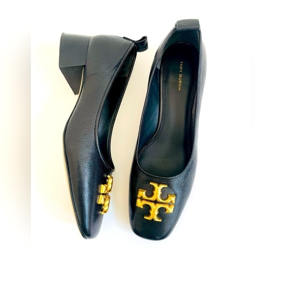 Tory Burch Black Leather Eleanor Logo Plaque square toe pumps 10.5 - Picture 1 of 11